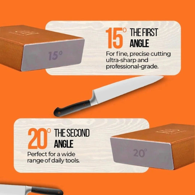 Marketing infographic for a knife sharpener set on an orange background. The top panel highlights “15° THE FIRST ANGLE” with a sharpening stone labeled 15°, and a chef knife above a white rounded rectangle containing descriptive text: “For fine, precise cutting ultra-sharp and professional-grade.” The lower panel shows “20° THE SECOND ANGLE” with a sharpening stone labeled 20° and another knife, accompanied by text: “Perfect for a wide range of daily tools.” The image emphasizes two angle options for sharpe