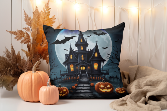 Decorative Pillow Cover,Halloween Cottage Cushion Cases Modern Accent Square for 18x18 Inch Fall Autumn Retro Forest Castle Pumpkin