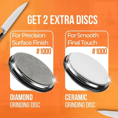Promotional image advertising two extra grinding discs. Left side shows a Diamond Grinding Disc for precision surface finish (#1000) with a textured round disc; right side shows a Ceramic Grinding Disc for a smooth final touch (#1000), both displayed on orange background with a knife blade icon at top left. The headline “GET 2 EXTRA DISCS” appears above the discs