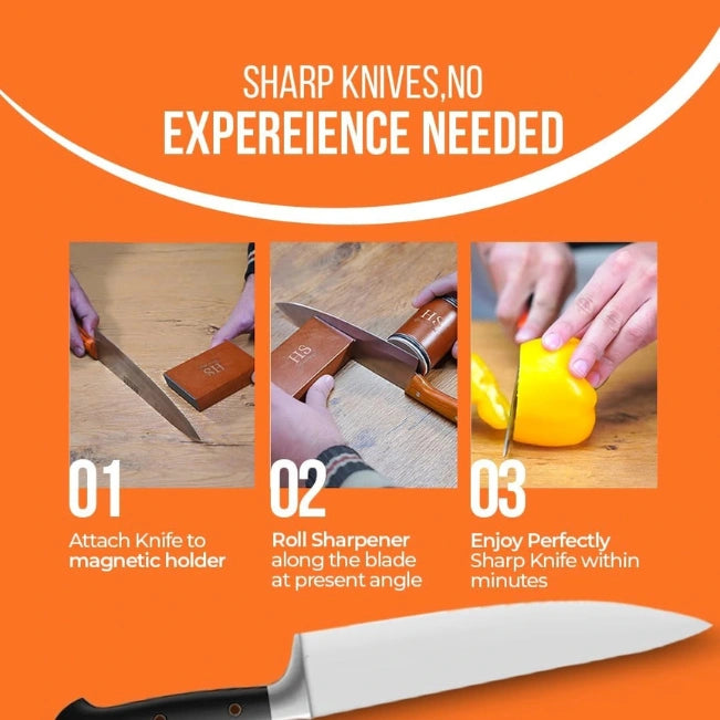 Instructional graphic on an orange background showing a three-step process to use a knife sharpener. Step 01: Attach knife to a magnetic holder. Step 02: Roll sharpener along the blade at present angle. Step 03: Enjoy perfectly sharp knife within minutes. Thumbnail images depict hands performing each step with a knife and orange branding