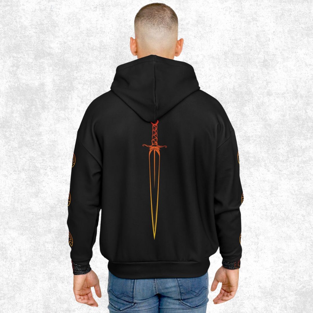 Stylish black hoodie with an intricate sword graphic on the back, worn by a male model. Perfect for casual fashion and streetwear.