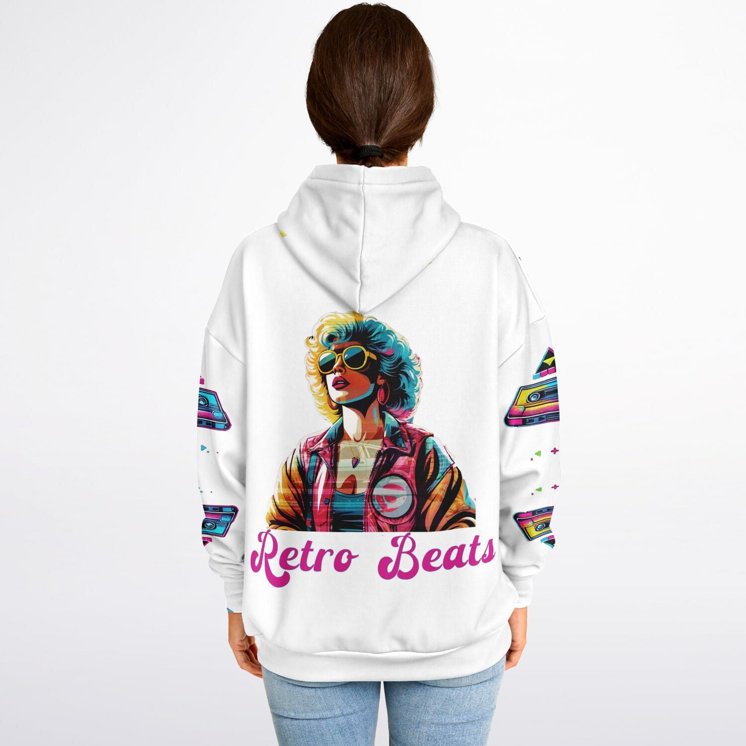 Back view of a white hoodie featuring a vibrant retro-style design with a vintage cassette tape and a stylish woman wearing sunglasses, perfect for 80s fashion lovers.