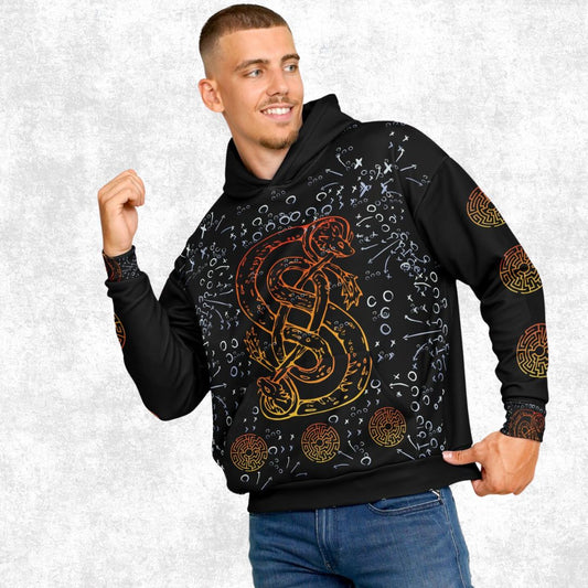 Stylish black hoodie with vibrant snake design and abstract elements, worn by a smiling male model. Perfect for casual streetwear.