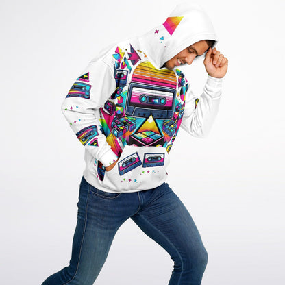 Front view of a white hoodie with colorful 80s-inspired cassette tape graphics, showcasing bold retro vibes for music and vintage style enthusiasts.