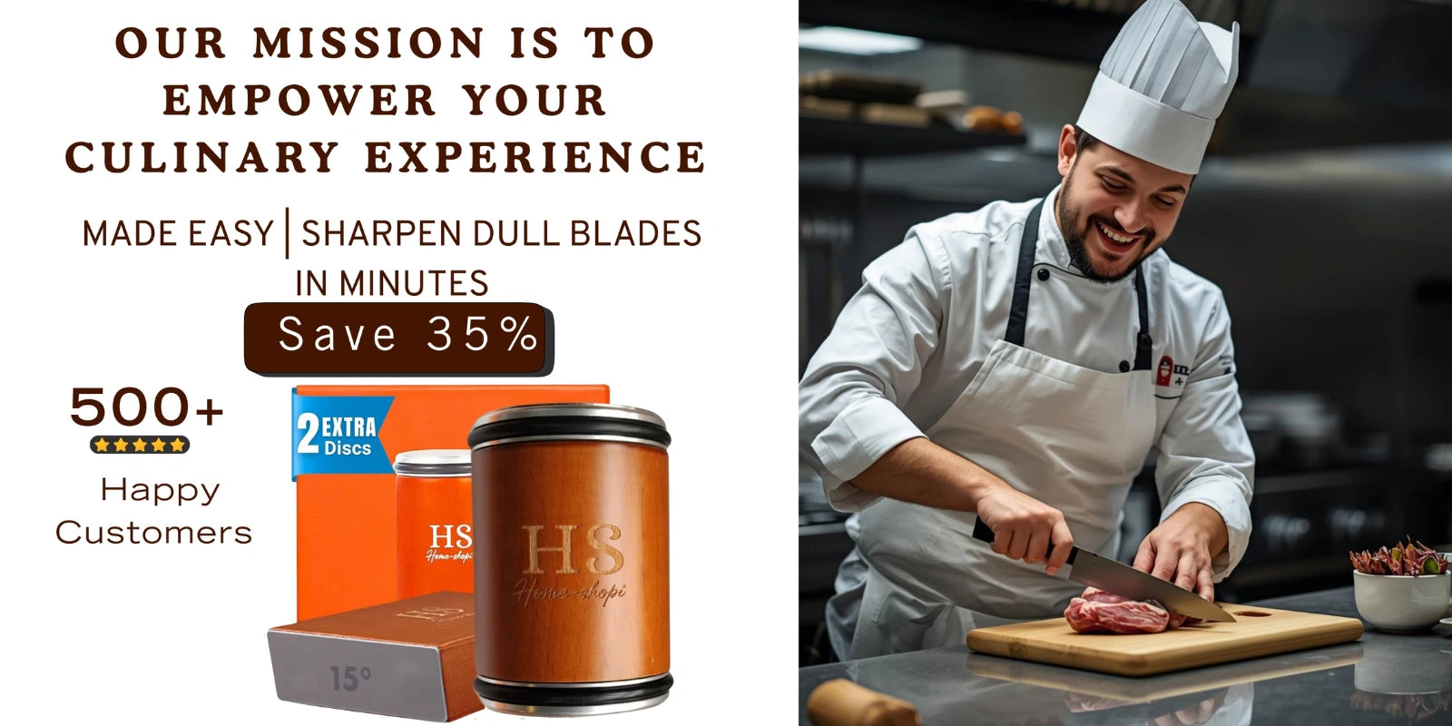 Chef effortlessly slicing meat with a sharp knife after using the Home Shopi rolling knife sharpener with extra sharpening discs