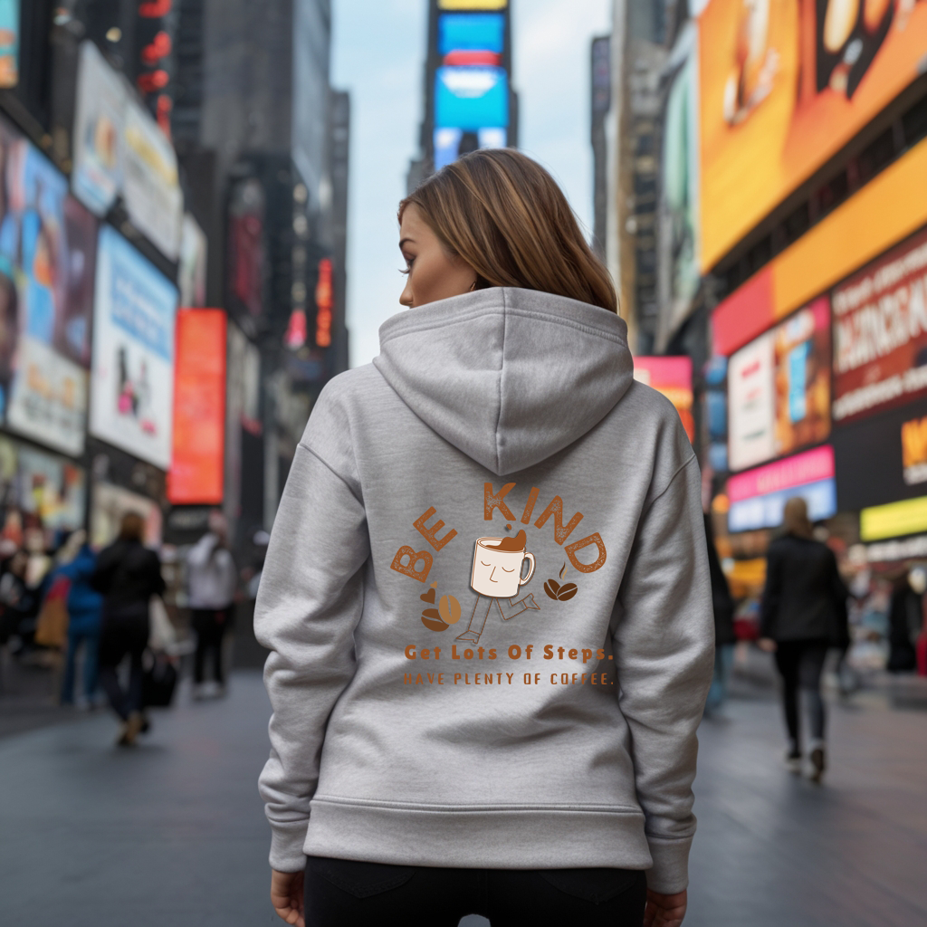 Back view of a woman wearing a gray hoodie with 'Be Kind' and a coffee illustration, standing in Times Square filled with bright advertisements, promoting positivity and wellness.