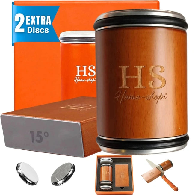 A product image showcasing an HS knife sharpening set. The main item is a wooden-looking cylindrical sharpening rod with metal ends. Surrounding it are orange packaging boxes, extra discs, and a small knife sharpener set in a box, including two round sharpening discs and a folding knife. The overall composition highlights the HS brand and sharpening accessories.