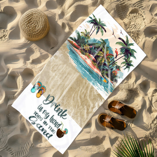 Tropical Beach Towel – "Drink in My Hand, Toes in the Sand"