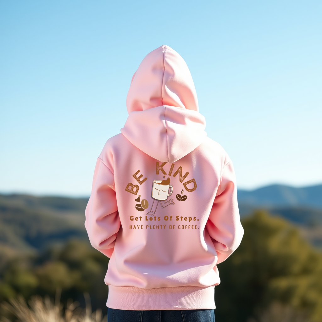 A person wearing a pink hoodie with the text 'Be Kind' and playful illustrations on the back, standing outdoors against a clear blue sky, promoting kindness and healthy habits like walking and drinking coffee.