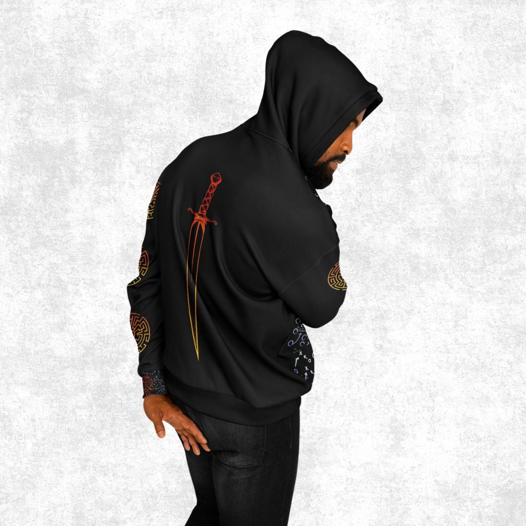 Rear view of a black hoodie featuring a striking red and yellow sword design, showcased by a male model. Ideal for trendy streetwear enthusiasts.