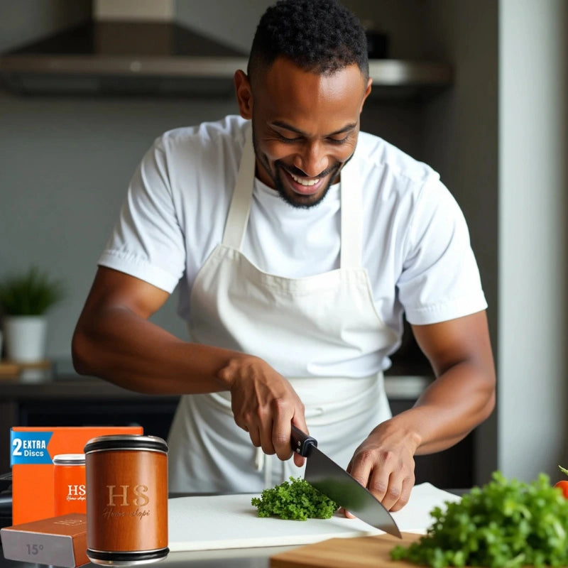 A chef in a white shirt and beige apron is chopping herbs on a cutting board in a kitchen. He smiles as he slices with a chef’s knife. In the foreground, there are kitchen organizing jars labeled “HS” and a package of extra discs, all on a clean countertop
