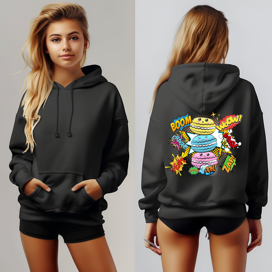 Black unisex hoodie featuring a vibrant comic-inspired macaron design on the back with pop art text like 'BOOM,' 'WOW,' and 'ZAP,' ideal for trendy streetwear and casual fashion.