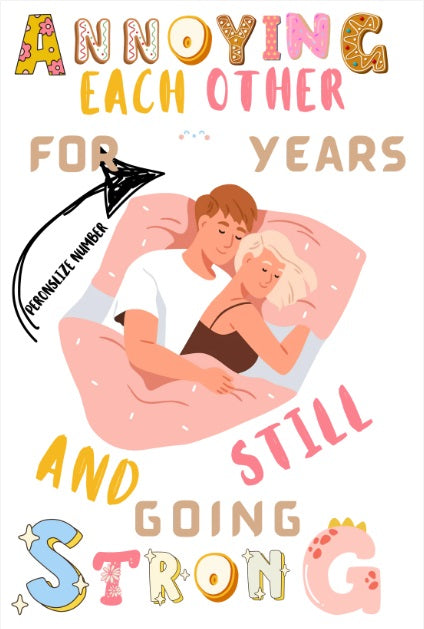 Funny personalized anniversary blanket design with a couple cuddling, names Eddie and Jessica, and the humorous text 'Annoying each other for 123 years and still going strong' – perfect gift for couples, custom anniversary throw blanket – available at homeshopi.com.