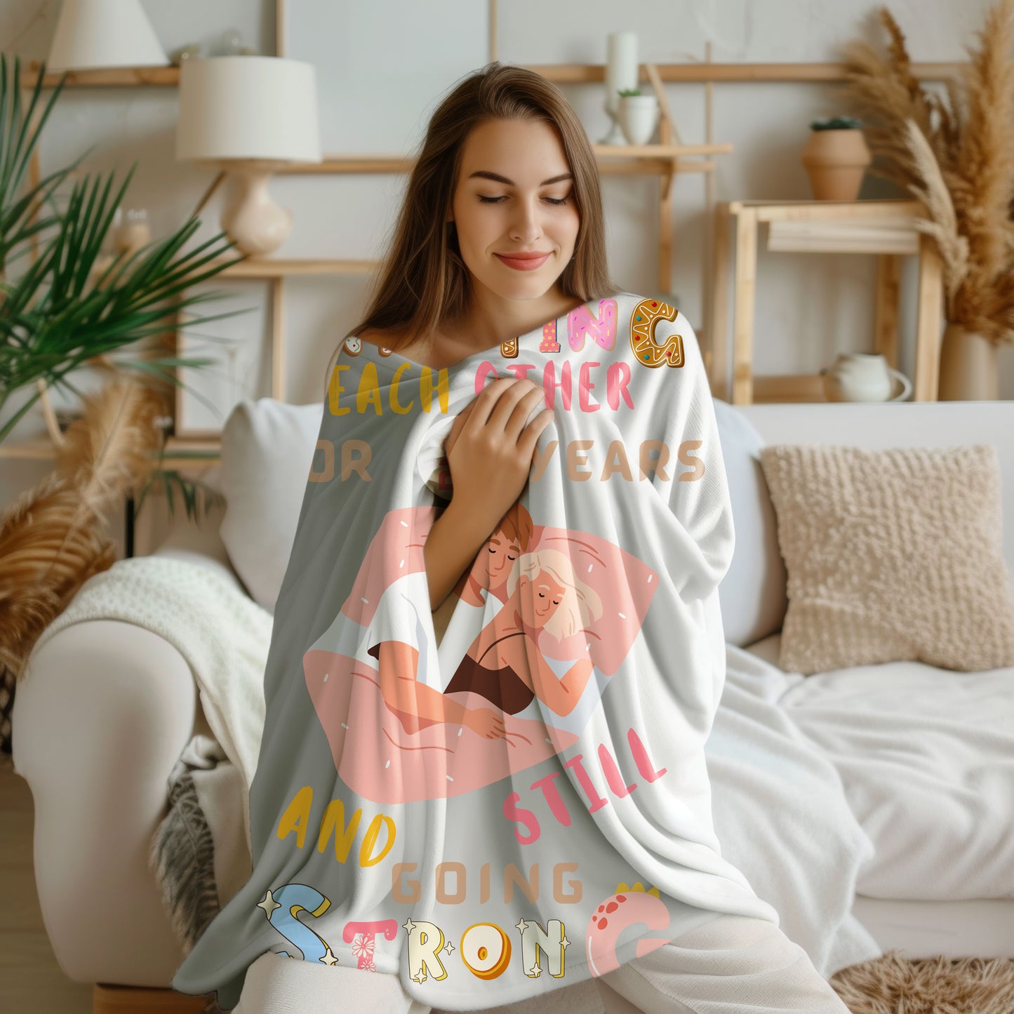 Smiling woman wrapped in a funny Sherpa fleece blanket with the text 'Annoying Each Other for 20 Years and Still Going Strong,' featuring a cozy and humorous design ideal for anniversaries or personalized couple gifts.