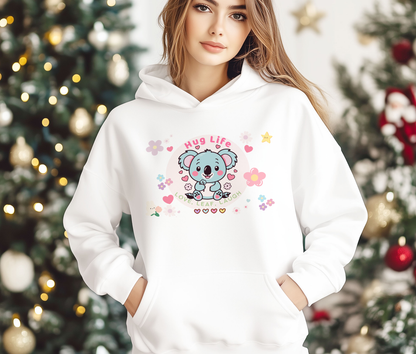 Adorable Hug Life Koala Hoodie with floral accents.