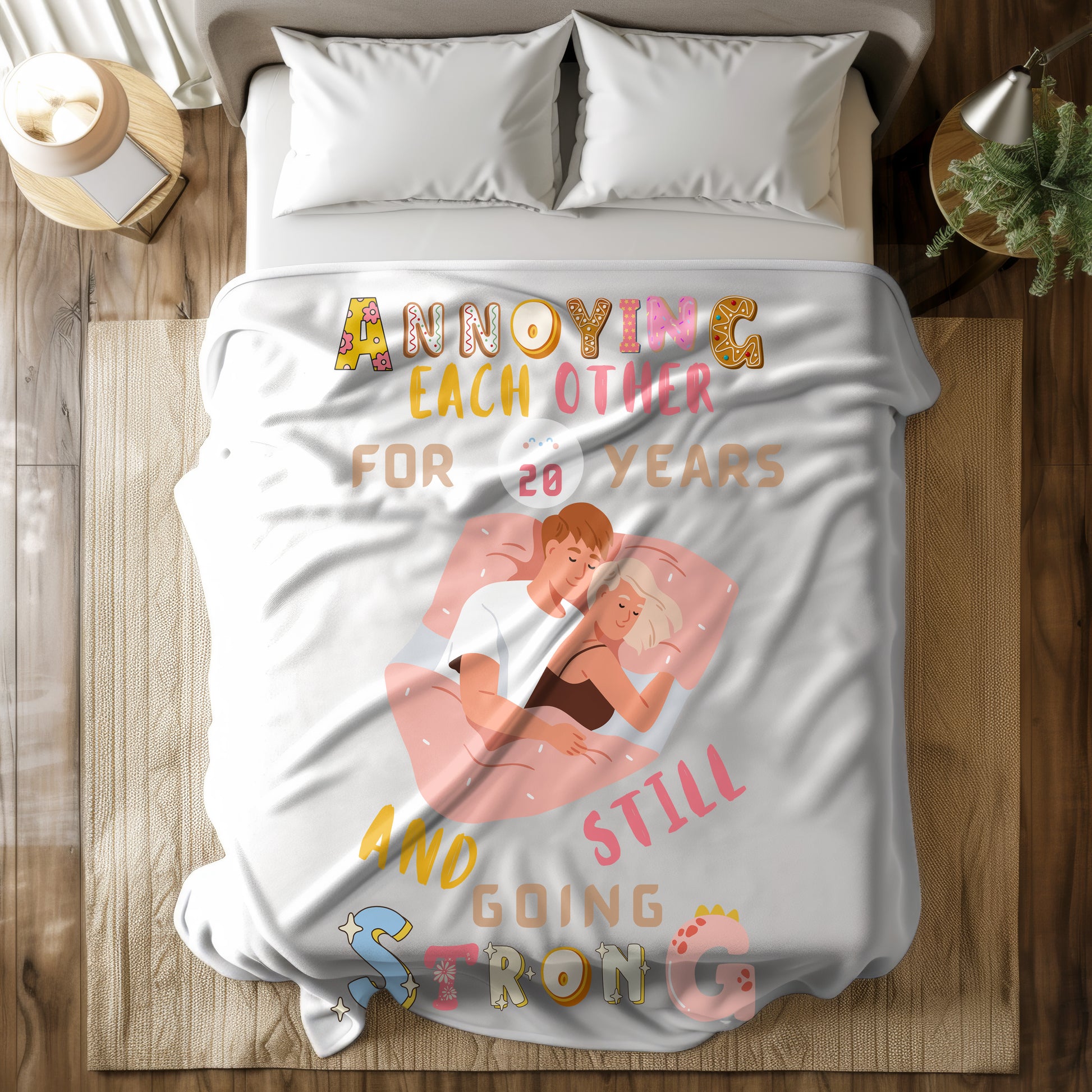 Humorous Sherpa fleece blanket for couples with the text 'Annoying Each Other for 20 Years and Still Going Strong,' featuring a cute illustration of a couple cuddling, ideal for anniversaries or unique gifts.