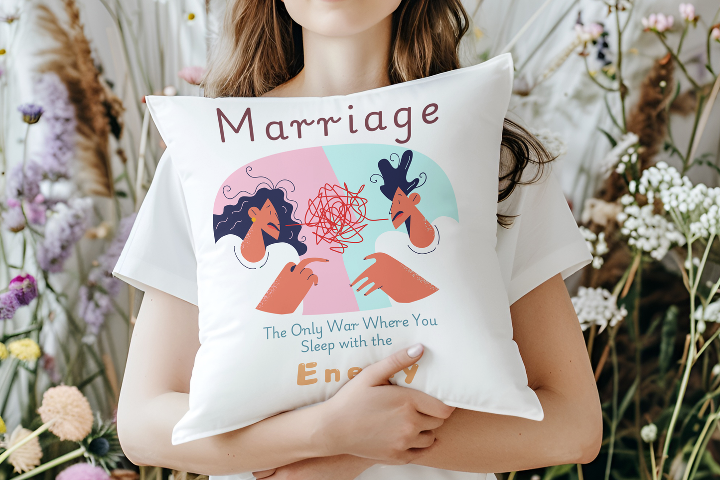 "Funny Marriage Quote Pillow – 'The Only War You Sleep with the Enemy' – Humorous Decorative Throw Pillow for Couples"