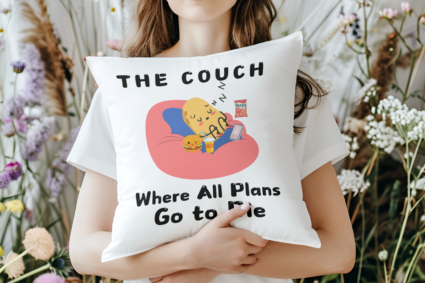 "The Couch Where All Plans Go to Die – Funny Decorative Throw Pillow for Lazy Days | HomeShopi"