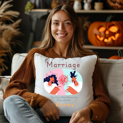 "Funny Marriage Quote Pillow – 'The Only War You Sleep with the Enemy' – Humorous Decorative Throw Pillow for Couples"