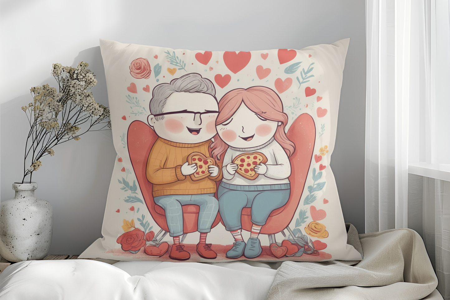 Heart-Shaped Love Pizza Couple Pillow – Cute and Playful Valentine’s Gift