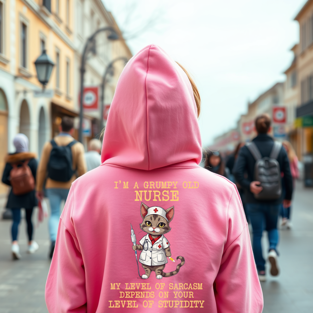 Grumpy Old Nurse Hoodie featuring a sarcastic cat nurse design with a funny quote