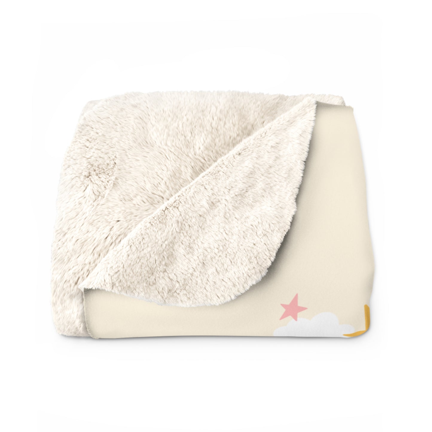 Folded sherpa fleece blanket showcasing its ultra-soft, fluffy backing in cream color. The corner reveals a subtle design with pastel stars and clouds, highlighting both comfort and style. Ideal for cozy home decor or personalized gifts.